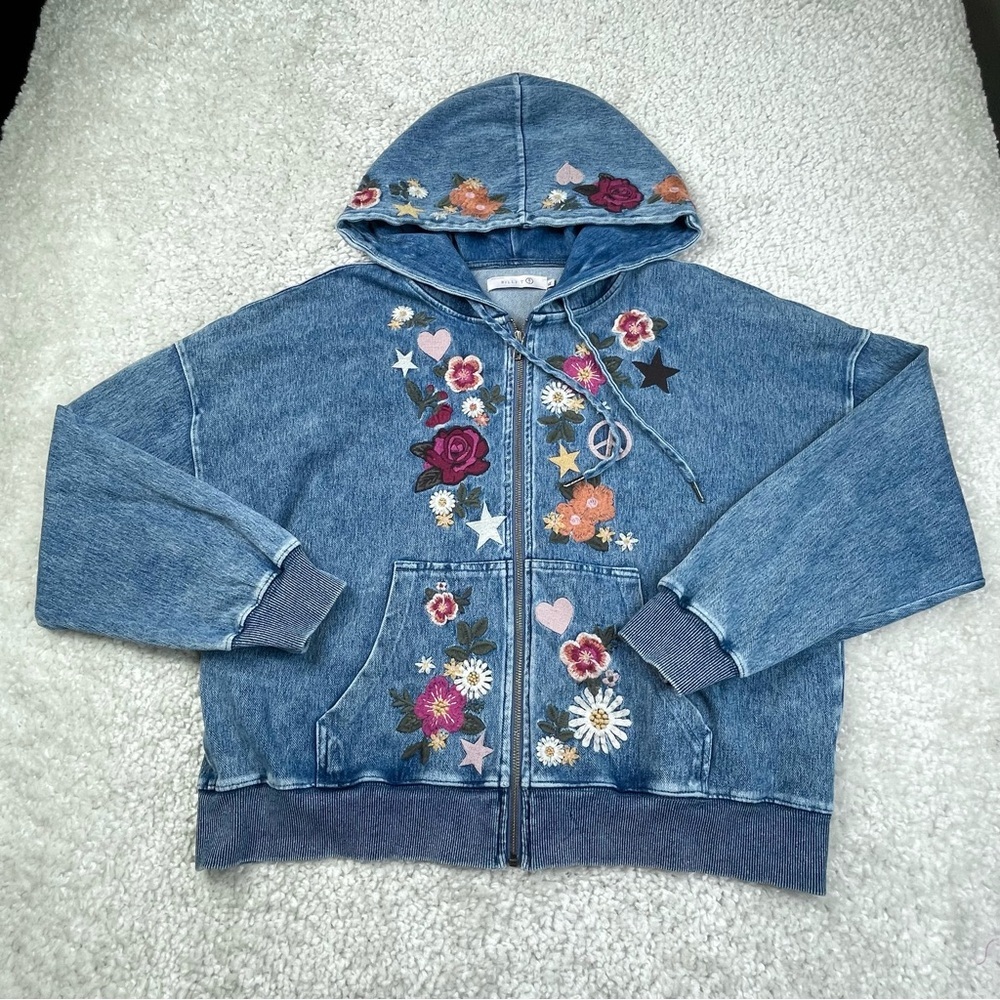 Billy T Camp Happy Hoodie Embroidered Peace Sign Floral Flowers Denim XL - Picture 2 of 13